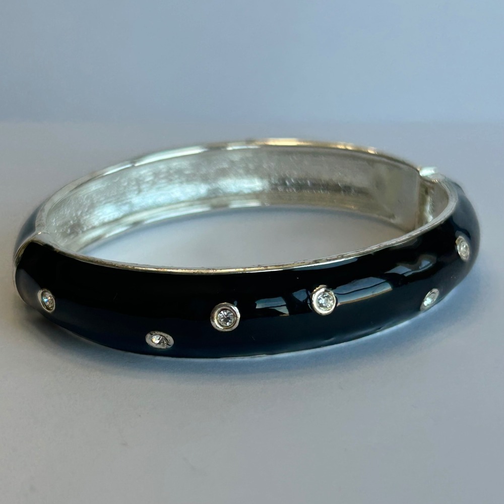 Black Enamel Hinged Bangle Bracelet Silver Tone Rhinestone Accents